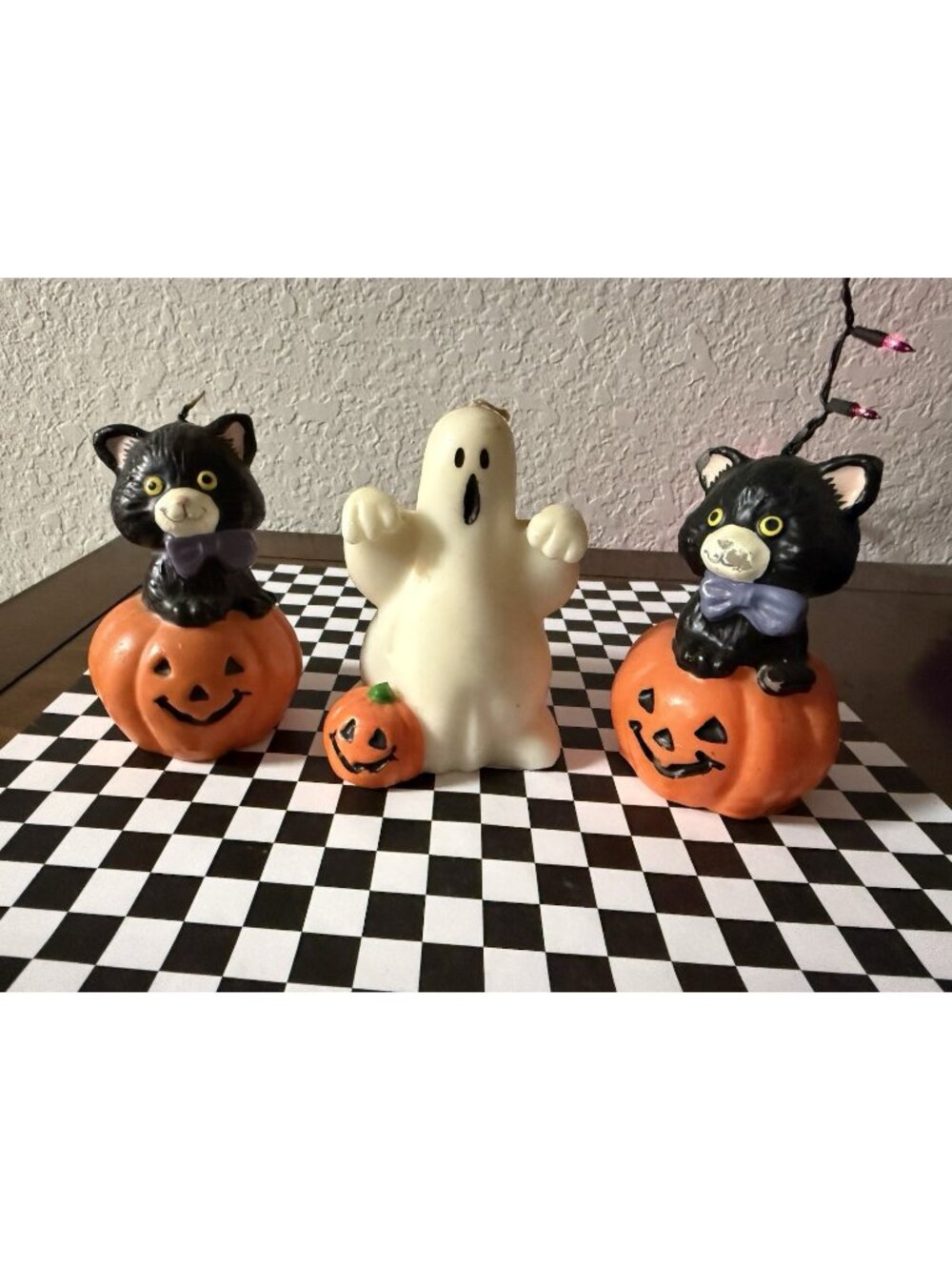 3 Vintage Halloween Candles Black Cats In Pumpkin Ghost Retro Table Top Mantel